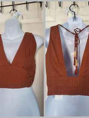 Deep V Tie-Back Crop Top in Rust Beaded Tassel Sexy Summer Festival Size Medium